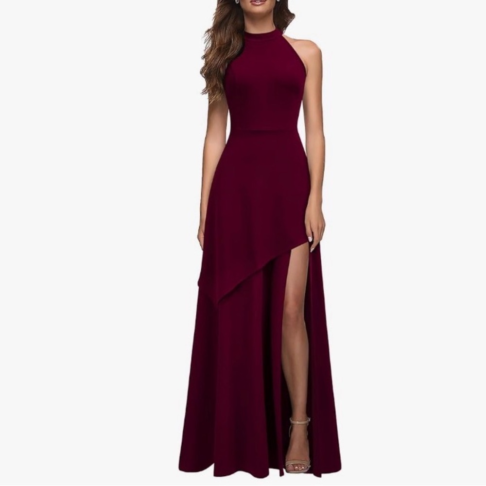 Elegant Asymmetrical Halter Dress in Deep Burgundy